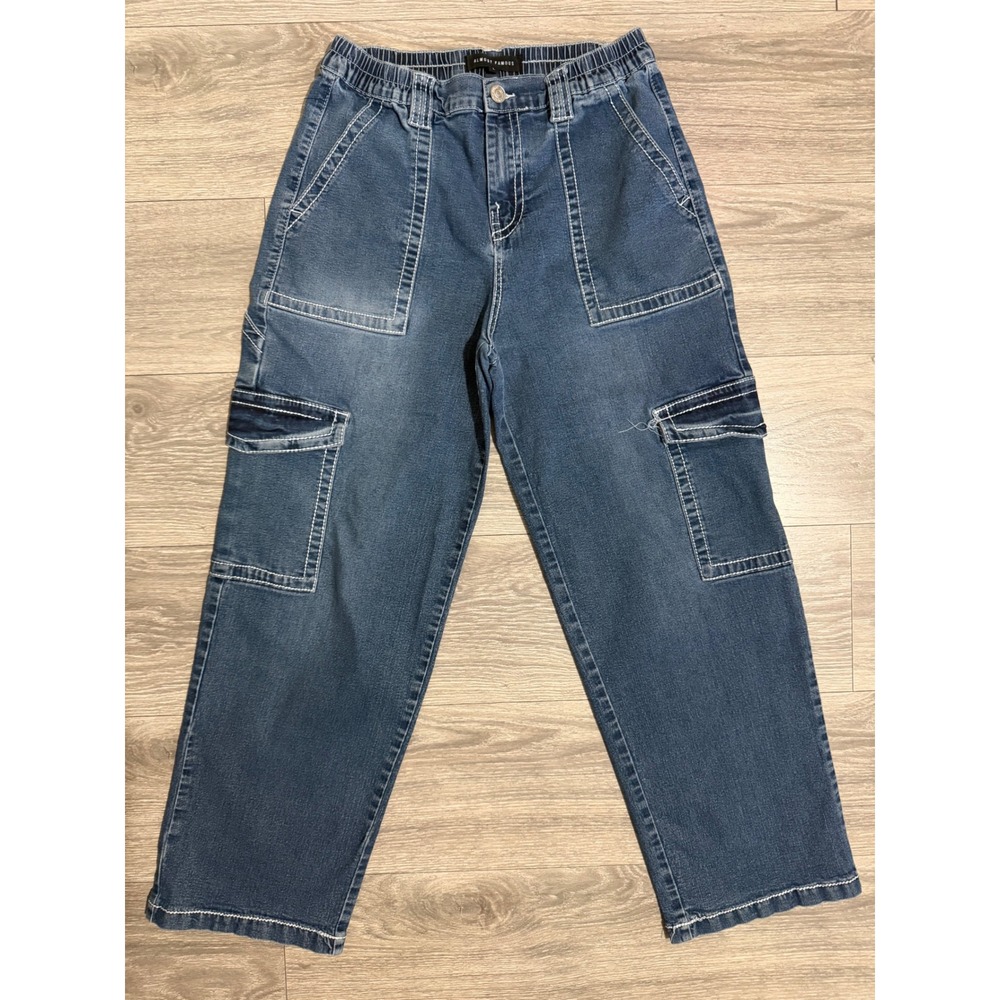 Almost Famous Womens Cargo Jeans Size L 28x28 Wide Blue Elastic Waist Y2K‎ Baggy